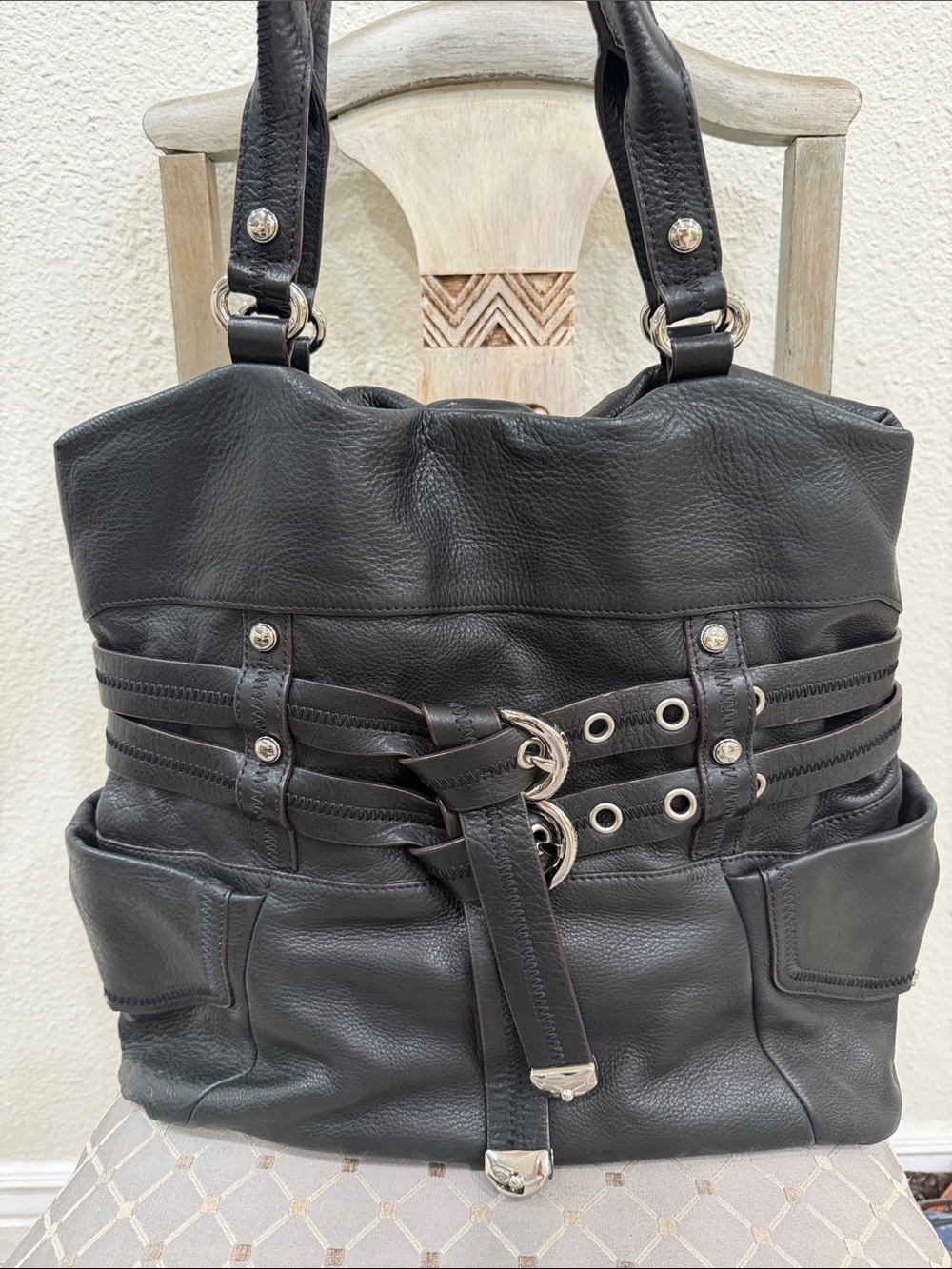 b. makowsky Black Pebbled Leather Tote with Dual Straps
